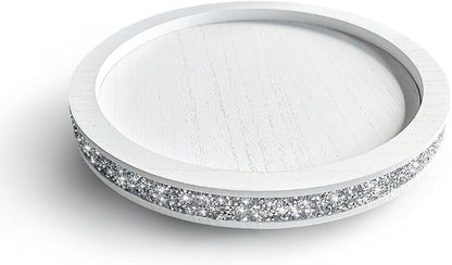 12 inch Round Wood Tray, Acrylic Diamond Decoration, Decorative Tray for Living Room, Coffee Table or Kitchen Table Service Tray, White