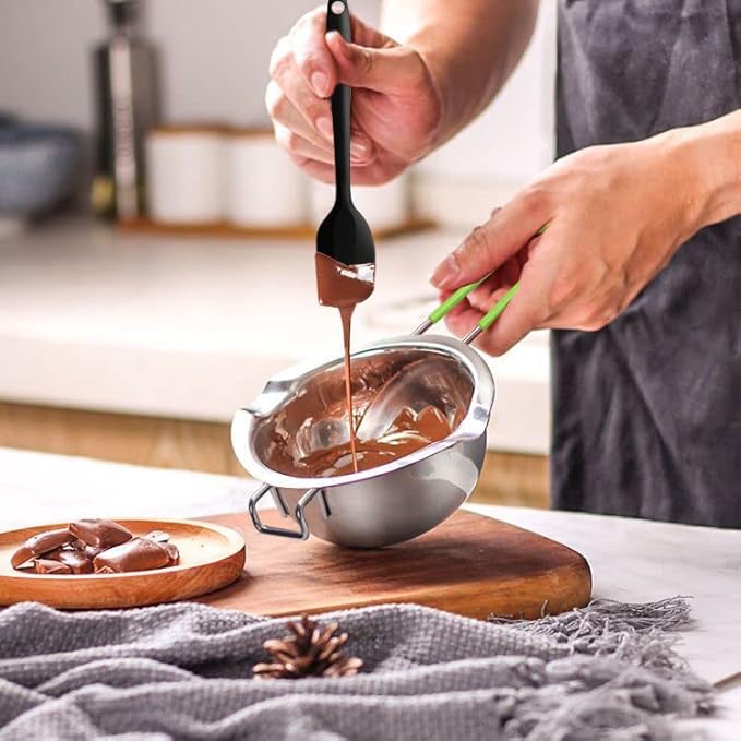 Double Boiler Pot Set, Stainless Steel Melting Pot with Silicone Spatula for Melting Chocolate, Soap, Wax, Candle Making (600ml and 1600ml,Green)