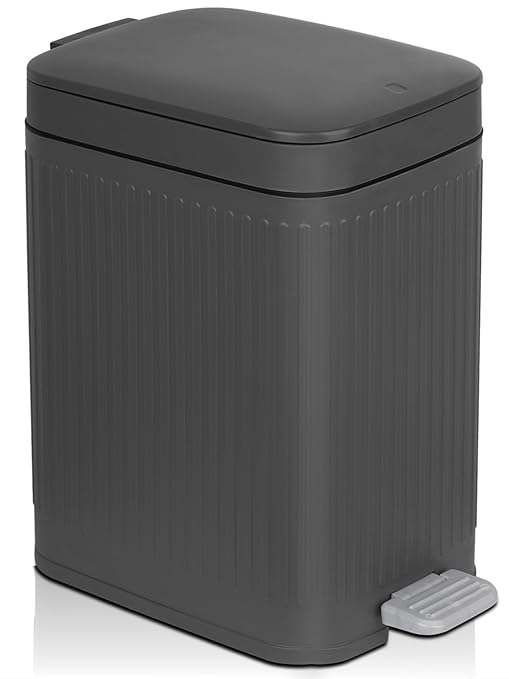 rejomiik Small Bathroom Trash Can with Lid Slim Soft Close Garbage Can Step Wastebasket Container Trash Bin for Office Bedroom Kitchen Living Room (2.6 Gallon Dark Gray)