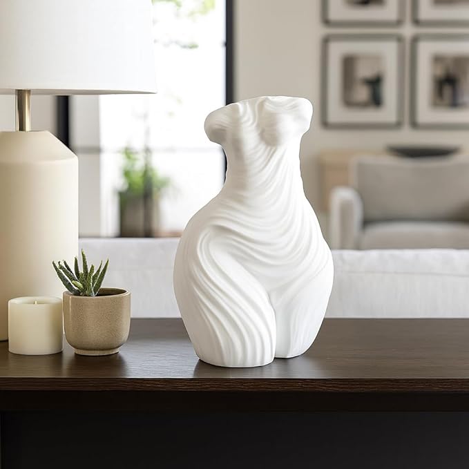 Decorative Home and Office Statue – Polyresin Ribbed Torso Sculpture for Living Room, Bathroom, or Coffee Table Decor – Timeless Shelf Ornament Blending Artistic Beauty and Modern Style – 11" White