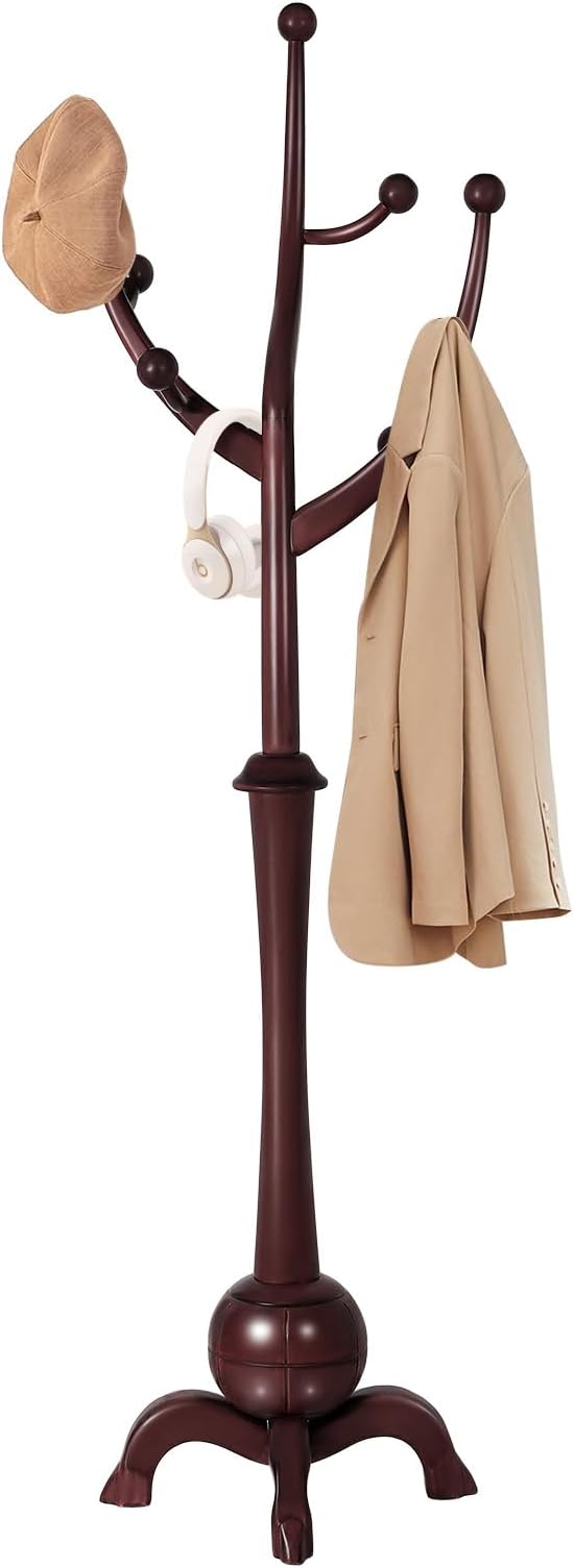 Wooden Coat Rack Freestanding with 8 Hooks, Heavy Duty Coat Hanger Stand with Stable Base, Vintage Coat Tree Standing Coat Racks for Entryway, Hallway, Bedroom (Wine Red)