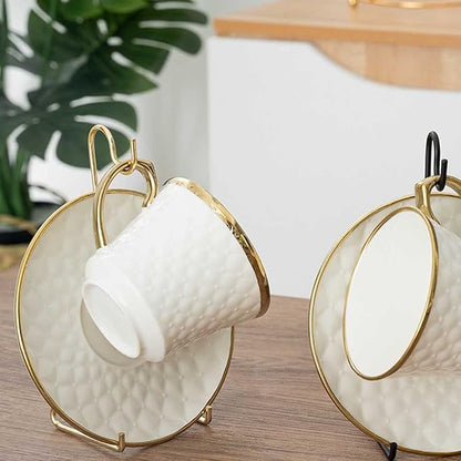 Teensery 2 Pcs Tea Cup and Saucer Stand Metal Teacup Display Easel Holder Desktop Coffee Mug Organizer Plate Storage Rack, Gold