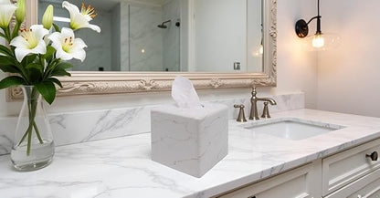 Marble Tissue Box Cover Square Decorative Stone Klenex Box Holder for Bathroom & Living Room with Handcrafted Texture (Marble-B)