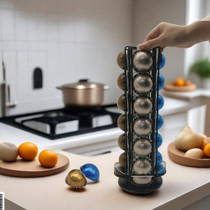 Vertuo Pod Holder Carousel Stand for 28 Nespresso Vertuo Capsule Storage Organizer with Extra Space for Coffee Mate Silent Rolling，Black