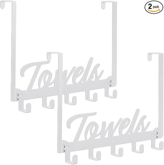 Azmoncy 2 Pack Over The Door Hooks, Towel Rack for Bathroom Towel Holder for Hanging Heavy Duty, Over Door Hanger with 10 Coat Hooks for Bedroom Bathroom Kitchen Bag, Coats, Hats (White)