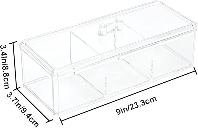 Square Qtip Holder Dispenser, 3 Compartments Cotton Ball Holder, Bathroom Canisters for Cotton Swab, Ball, Cottons Pad Organizer, Clear Acrylic Containers with Lid for Bathroom Vanity Countertop
