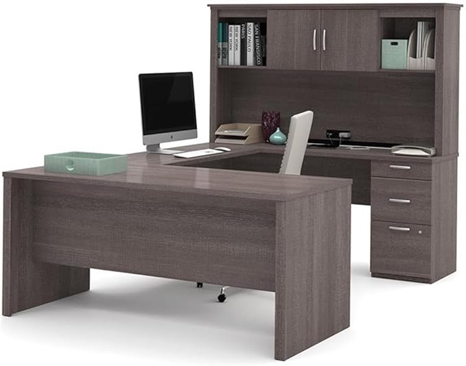 Atlin Designs Modern Wood U Shape Computer Desk with Hutch in Bark Gray