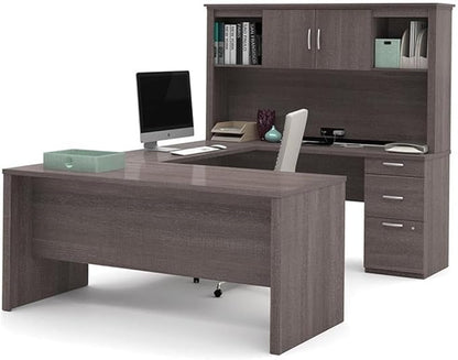 Atlin Designs Modern Wood U Shape Computer Desk with Hutch in Bark Gray
