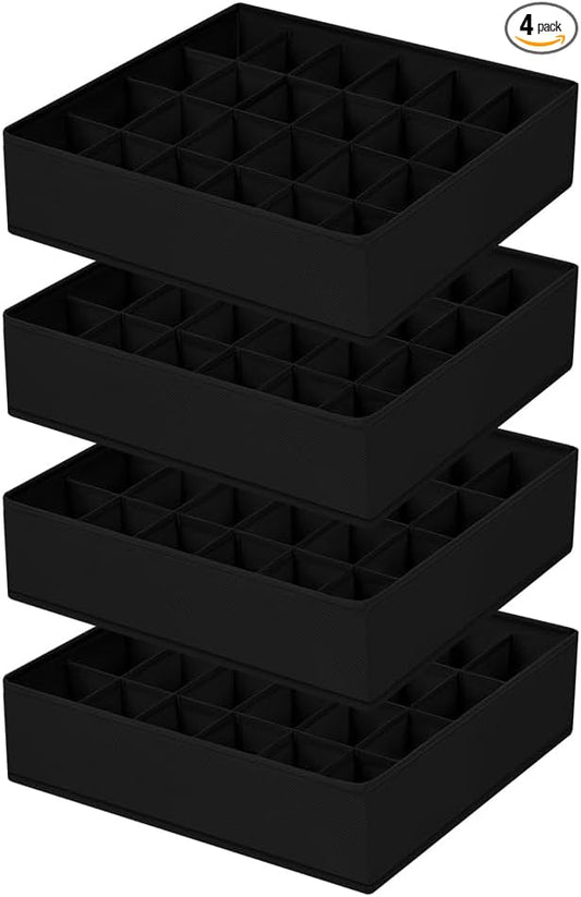 Underwear Organizer 4 Pack, 24 Cell Sock Drawer Organizer Divider, Sock and Underwear Drawer Organizer Foldable Tie Organizer for Socks, Underwear, Belts, Ties. (Black)