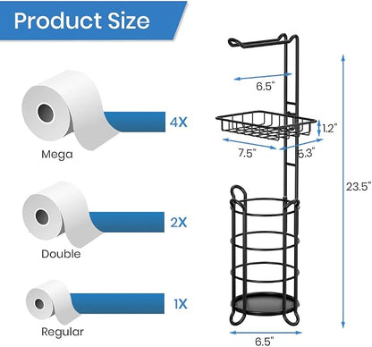 Matte Black Bathroom Freestanding Toilet Paper Holder Tissue Roll Holder Stand with Shelf Storage Holds 4 Jumbo Rolls Phone and Wipes