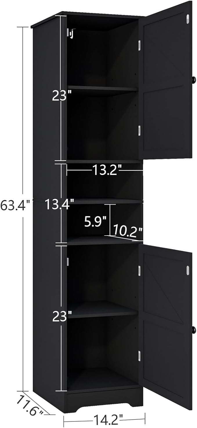 Tall Bathroom Storage Cabinet, Vertical Freestanding Organizer with Adjustable Shelf, Slim Design for Small Bathrooms, Towels & Toiletries Storage Black