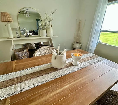 FEXIA Boho Table Runner for Summer Home Coffee Decor with Tassels 60 Inches Long Farmhouse Rustic Table Cloth Cream & Brown Macrame for Kitchen Dining Bedroom Decor Bridal Shower (12x60 Inches)