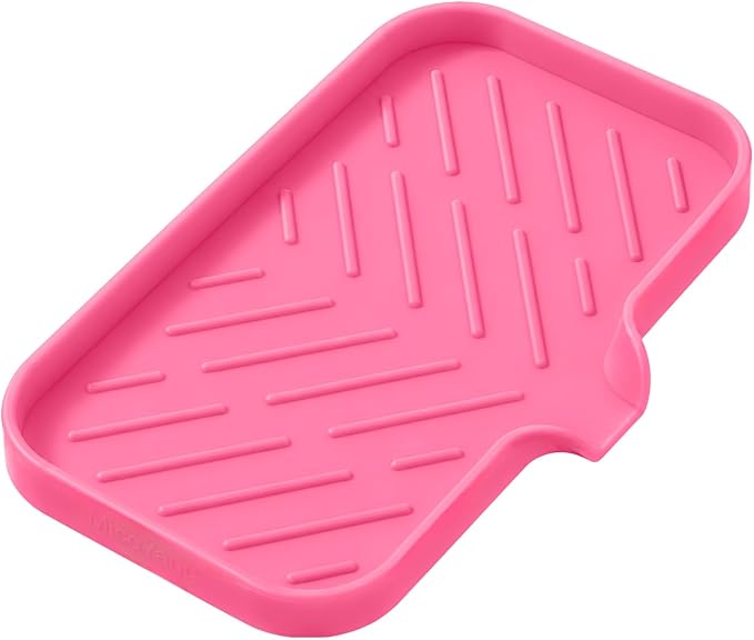 MicoYang Silicone Soap Dish with Drain Spout — Self-Draining Sink Organizer Tray for Bathroom & Kitchen, Sponges, Dispensers & Soap Holder, Non-Slip & Dishwasher Safe, Rose (Medium, 9.6"×5.3")