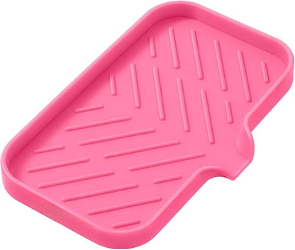 MicoYang Silicone Soap Dish with Drain Spout — Self-Draining Sink Organizer Tray for Bathroom & Kitchen, Sponges, Dispensers & Soap Holder, Non-Slip & Dishwasher Safe, Rose (Medium, 9.6"×5.3")