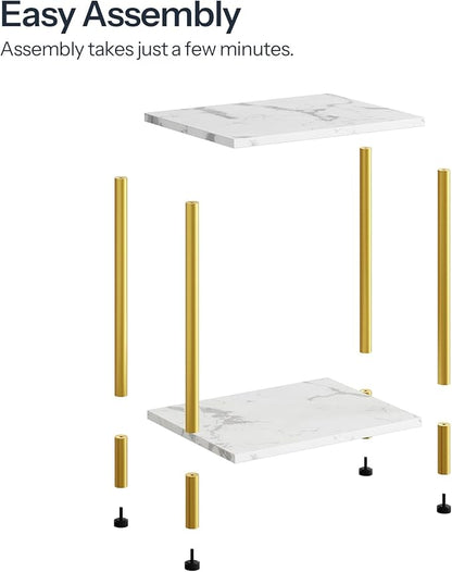 HOOBRO End Tables Set of 2, Small Side Table, Nightstand with 2-Layer Storage Shelves, Sofa Table for Small Spaces, Living Room, Bedroom, Stable Frame, Easy Assembly, Gold and Marble DM09BZP201
