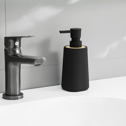 Small Soap Dispenser for Bathroom and Kitchen, Modern Farmhouse Striped Style Plastic Hand Soap Dish Soap Dispenser with Bamboo Decor Black