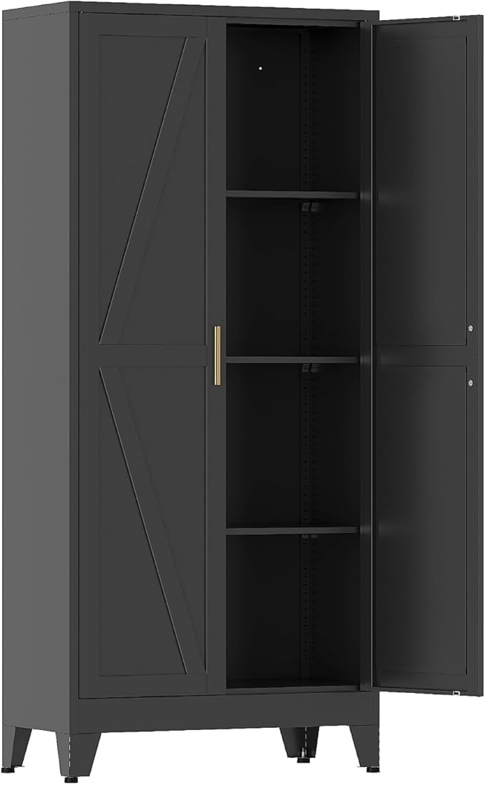 COFaR Black Metal Cabinet, 61 in Tall Metal Storage Cabinet with 3 Adjustable Shelves and Barn Doors, Farmhouse Cabinet Pantry Cupboard for Garage Office Room Kitchen Shop, Black 4 Tiers