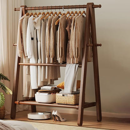 AETVRNI Wood Clothing Rack Coat Rack,Large Foldable Hanging Clothes,Stand Garment Rack with Storage Shelf,Clothing Storage,Home Organization,Natural Beech,for Bedroom Small Apartment Guest Room Laundr