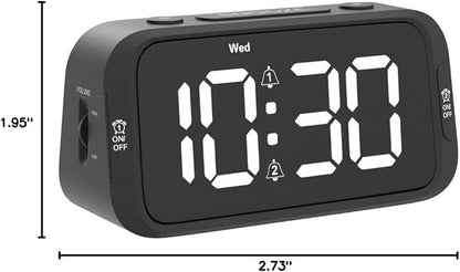 Digital Dual Alarm Clock for Bedroom, Easy to Set, 0-100% Dimmer, USB Charger, 5 Sounds Adjustable Volume, Weekday/Weekend Mode, Snooze, 12/24Hr, Battery Backup, Compact Clock for Bedside