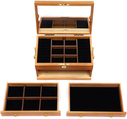 3-Layer Jewelry Box Organizer with Mirror and Lock, Wooden Jewelry Boxes Accessory Holder with 2 Drawers,Jewelry Storage & Organizers for Rings,Earrings,Bracelets, Necklaces,Christmas New Year Gift