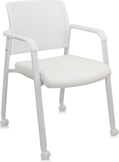 CLATINA Stacking Office Chairs with Wheels | Mesh Back, Thicken Leather Seat and Streamline Armrests, Ergonomic Lumber Support | School, Desk, Guest Reception, Waiting, Conference, White