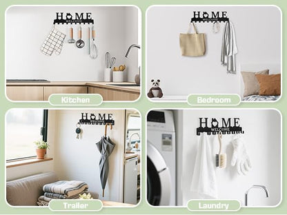 Key Holder Wall Mount, Metal Adhesive Key Hanger with 10 Hooks, 2 Installation Methods, Black