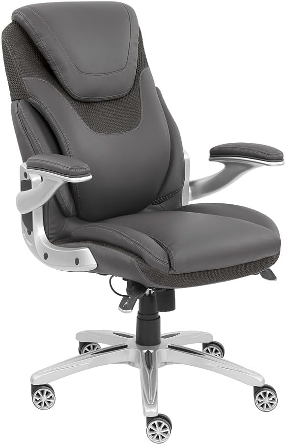 NBF Faux Leather Executive Office Chair Desk Chair - Ergonomic Chairs with Flip Arms - Modern Office Chair with Iridescent Silver Finish - Lumbar Support Office Chair (Gray)