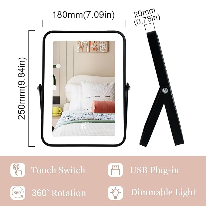 YEKKOPT Rechargeable Makeup Vanity Mirror with Lights, Small Desk Makeup Mirror with Lights, 3 Lighting Modes, Dimmable Touch Screen, Tabletop Light up Mirror