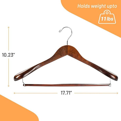 Wide Shoulder Wooden Suit Hangers with Non-Slip Pants Bar & 360° Swivel Hook - Smooth Finish Coat Hangers for Men and Women - Heavy Duty Clothes Hanger – Pack of 6