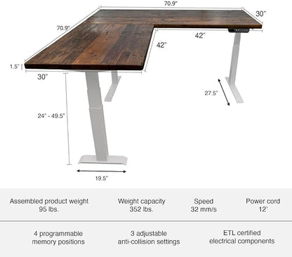 Stand Up Desk Store Reclaimed Wood Electric L-Shaped Corner Standing Desk with EZ Assemble Frame (White Frame/Natural Fir Top, 71" W x 71" D)