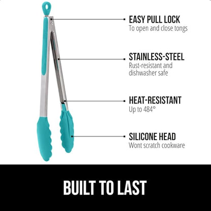 GORILLA GRIP Stainless Steel Heat Resistant Kitchen Tongs for Cooking, Set of 2 BBQ Tong, Non Scratch Silicone Tip for Pans, Strong Grip, Grab Food, Salad, Air Fryer, Pull Lock, 7 + 9 Inch, Turquoise