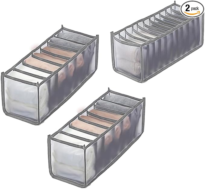 3 Pack Drawer Organizer for Underwears, Sock,Tie Foldable Closet Organizer Drawer Soft Fabric Dresser Drawer Divider Bins for Underwear Socks Ties(3PCS Underware+Socks Gray‌)