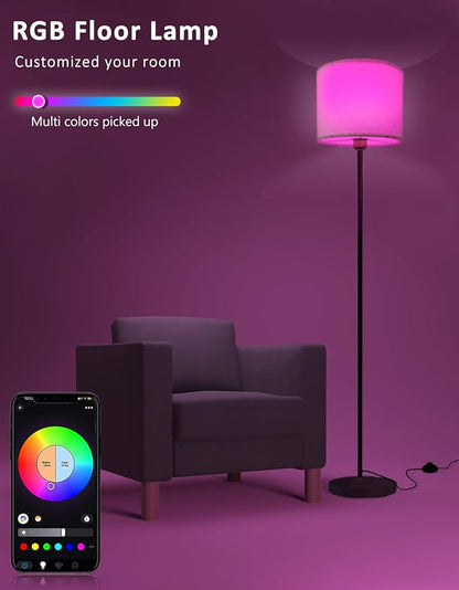 YHW Floor lamp for Living Room Works with Alexa & Google, White Linen Lamp Shade LED Bright Tall Standing Smart Floor Lamp with Remote for Bedroom Office, Modern Color Changing Dimmable WiFi Light.