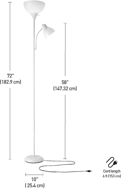 Globe Electric 67136 72" Torchiere Floor Lamp with Adjustable Reading Light, Matte White Finish, Frosted Shades, Rotary Switch on Socket, E26 Base