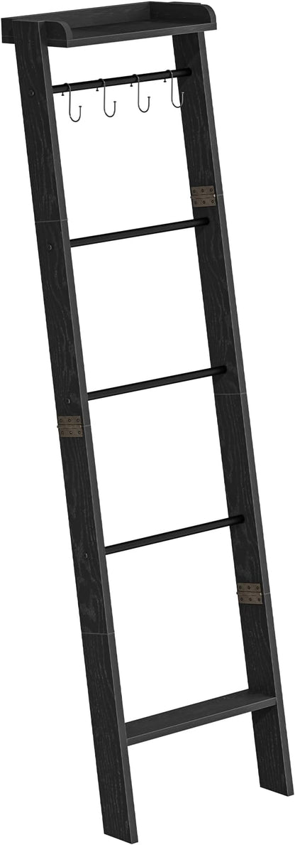 Hzuaneri Blanket Ladder Shelf, Decorative Quilt Rack, 6-Tier Farmhouse Ladder Holder Organizer with 4 Removable Hooks 7.9" D x 17.3" W x 63.4" H, Black BR35804B