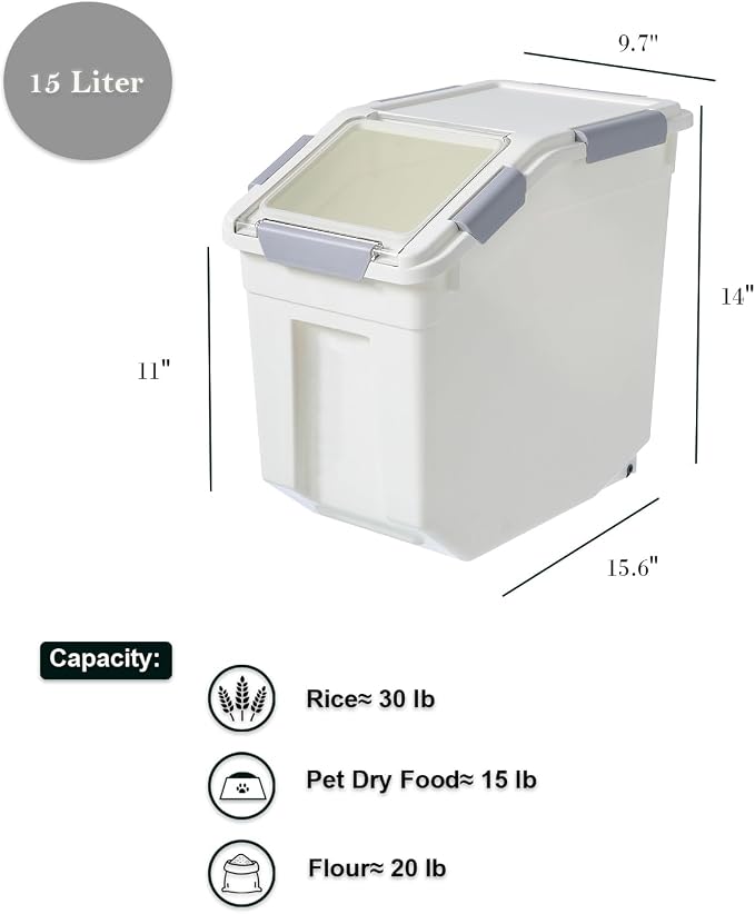 HANAMYA 15 Liter / 30 lbs Rice Storage Container with Measuring Cup, BPA free, For Rice | Grain | Pet Food | Flour, 2 count, White