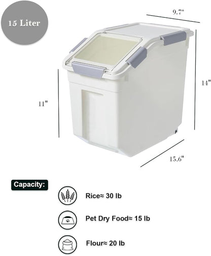 HANAMYA 15 Liter / 30 lbs Rice Storage Container with Measuring Cup, BPA free, For Rice | Grain | Pet Food | Flour, 2 count, White