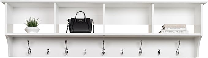 Prepac 60" Contemporary Wall Mounted Coat Rack, Coat Hooks Wall Mount with 4 Shelves, Ideal for Hallway or Entryway Hanging Solution, 11.5"D x 60"W x 16.5"H, White
