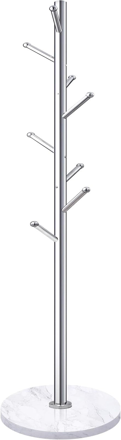 Homde Metal Coat Rack Stand with Natural Marble Base, Stainless Steel Freestanding Clothes Tree Hanger with 8 Hooks, Hall Hanger for Coat Jackets Hat Scarves Handbags Entryway Bedroom (Silver)