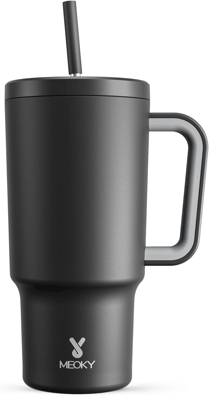 Meoky 30 oz Tumbler with Handle, Tumbler with Lid and Straw, Insulated Stainless Steel Travel Mug, 100% Leak-proof, Cupholder Friendly, Keeps Cold for 24 Hours or Hot for 8 Hours (Night)