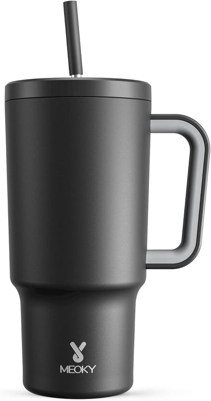 Meoky 30 oz Tumbler with Handle, Tumbler with Lid and Straw, Insulated Stainless Steel Travel Mug, 100% Leak-proof, Cupholder Friendly, Keeps Cold for 24 Hours or Hot for 8 Hours (Night)