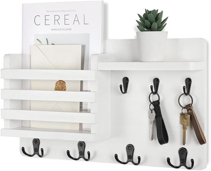 Nekon Mail Holder for Wall Mail Organizer with Key Hooks Hallway Farmhouse Decor Storage Racks with Floating Shelf and Flush Mount Hardware (16.8Inch x 10Inch x 3.2Inch)