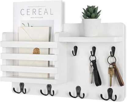 Nekon Mail Holder for Wall Mail Organizer with Key Hooks Hallway Farmhouse Decor Storage Racks with Floating Shelf and Flush Mount Hardware (16.8Inch x 10Inch x 3.2Inch)