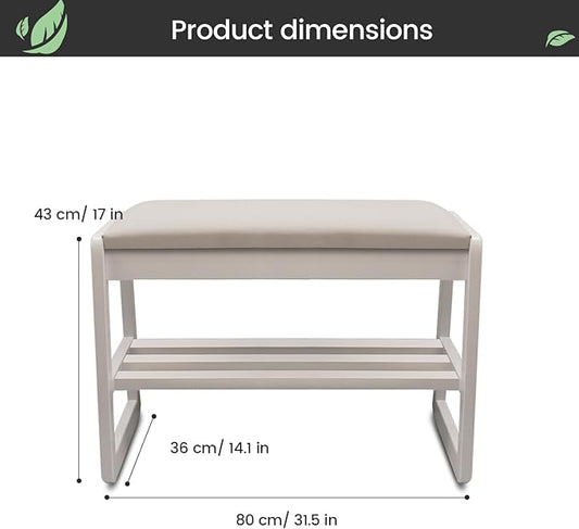 Solid Wood Shoe Rack, 2 Tier Shoe Storage Bench with Cushion Seat, 8 Pair Shoe Organizer for Entryway, White, 32 Inch