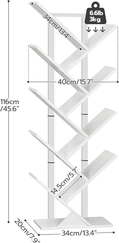 HOOBRO Tree Bookshelf, 9-Tier Bookcase Wooden Shelves, Floor Standing Storage Rack, for Display of CDs, Books in Living Room, Home Office, Wood Storage Rack for Bedroom, White WT08SJ01G1