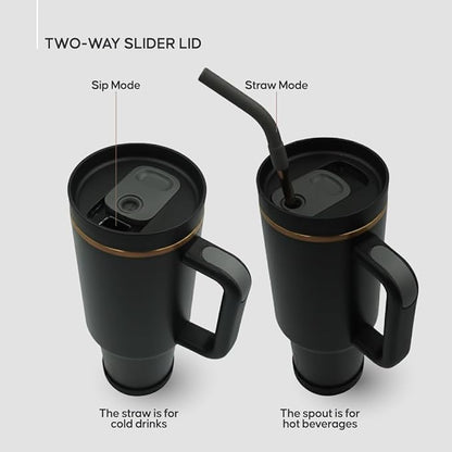 40oz Travel Tumbler Cup with Handle, Two-Way Slider Lid, Stainless Steel Straw with Silicone Tip, Vacuum Insulated Water Bottle for Hot & Cold Drinks, Great Gifts for Mom (Black Gold)