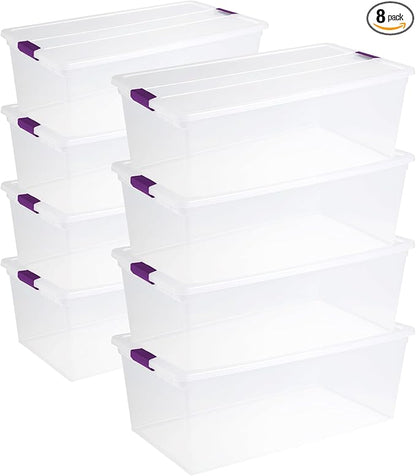 Sterilite 8-Pack 110 Quart ClearView Latch Box, Stackable Organizer Bins with Latching Lids - Clear Plastic Organization Containers for Closet, Bedroom, Shelving Units and Everyday Home Storage