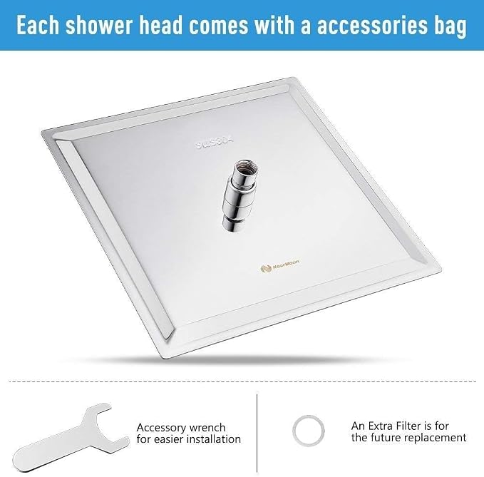 NearMoon Rain Shower Head, High Flow Stainless Steel Square Rainfall Shower, Waterfall Bath Shower Body Covering, Ceiling or Wall Mount (12 Inch, Chrome Finish)