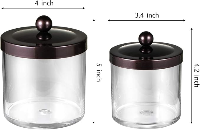SheeChung 2-Pack Plastic Apothecary Jars with Bronze Metal Lids-25oz & 15oz Clear Acrylic Qtip Holder Set- Shatterproof Bathroom Vanity Organizer for Cotton Balls, Swabs-Modern Farmhouse Rustic Decor