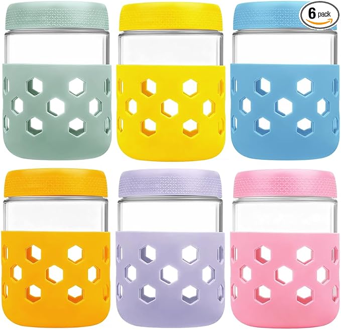 Overnight Oats Containers with Lids and Silicone Sleeve, 6 Pack Wide-Mouth Glass Food Storage Jars, 16oz Mason Jar Style Containers Perfect for Yogurt, Oatmeal, Fruit, Snacks and Meal Prep